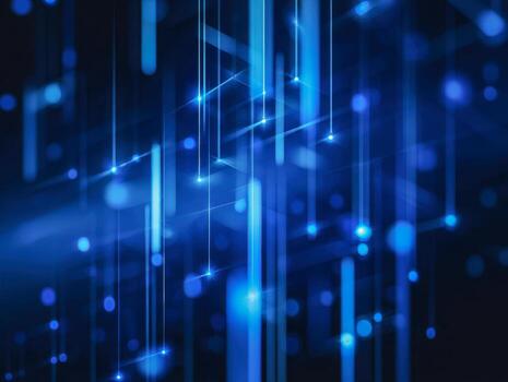 Abstract digital technology background featuring glowing blue vertical light beams and particles creating a futuristic network and data flow effect photo