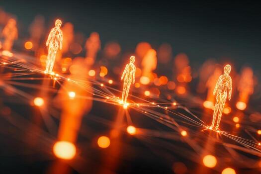 Digital network of glowing orange human figures connected by illuminated lines representing virtual communication and interconnected technology systems in modern society photo