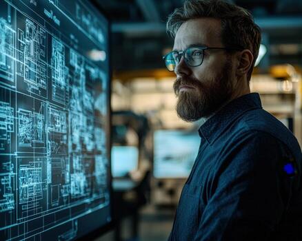 Software engineer analyzing complex digital circuit schematics on a computer monitor photo