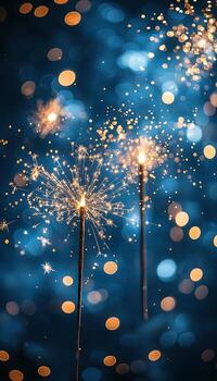 Sparkling fireworks against a blue bokeh background photo