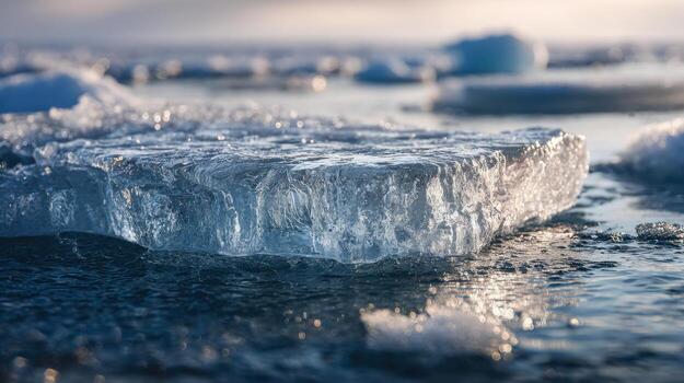 Close-up of a translucent ice block floating on calm cold water during a winter sunset in a frozen landscape with distant ice formations visible on the horizon photo