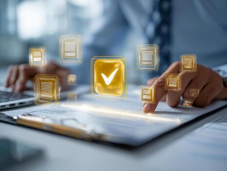 Businessman interacting with digital checklist icons in a futuristic interface over a document clipboard on a desk in an office setting photo