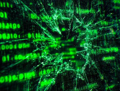 Digital data breach visualization with shattered code and green binary stream photo