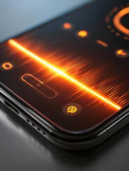 Close-up of a modern smartphone screen displaying a vibrant glowing orange waveform equalizer with sleek dark interface elements in a futuristic style photo