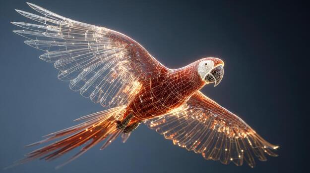 Digital 3d wireframe rendering of a flying parrot with glowing illuminated edges against a dark gradient background, showcasing detailed modeling and textures photo
