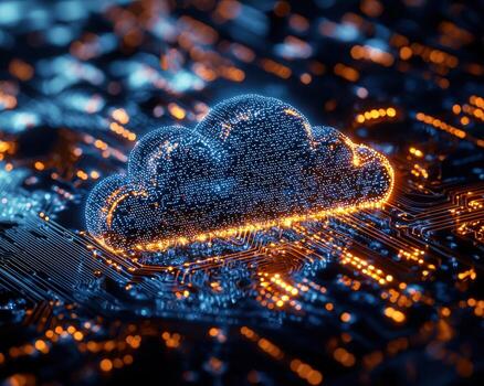 Digital cloud computing concept with glowing blue and orange particles on circuit board background photo