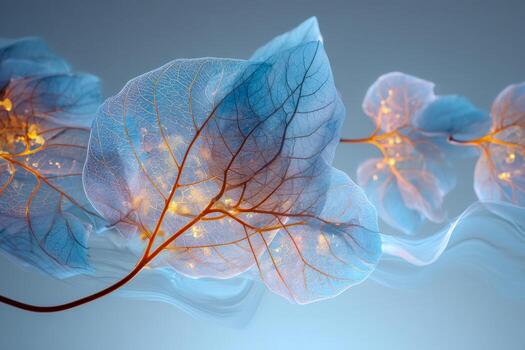 Close-up view of translucent blue leaves with glowing veins and delicate intricate network patterns illuminated against a soft blurred background in abstract nature art photo