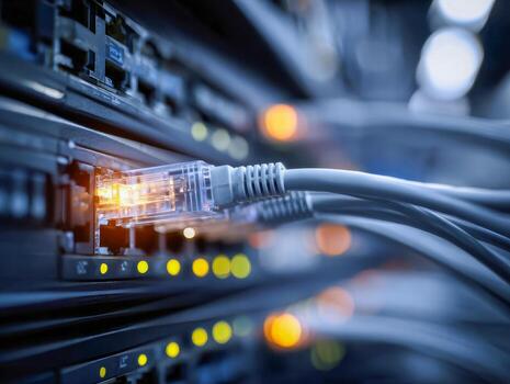 Close-up of network cables plugged into a switch with glowing status lights representing data communication and connectivity in a server room environment photo