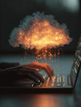 Digital innovation concept with a glowing cloud emerging from hands typing on a laptop keyboard, symbolizing cloud computing and advanced data processing. photo