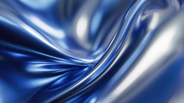 Shiny silk fabric in a flowing wave pattern with deep blue and metallic silver hues creating a smooth and elegant texture background for design and decoration purposes photo