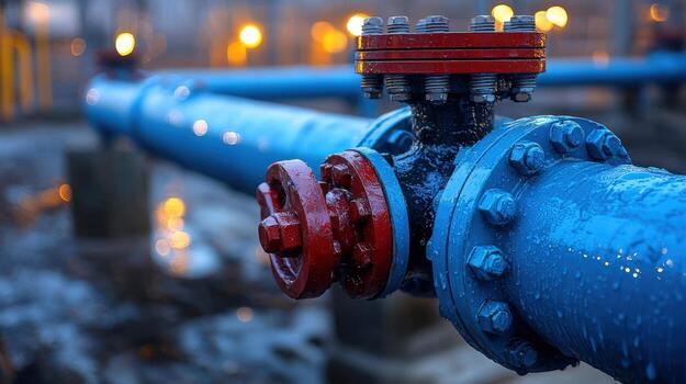 Close-up of a water pipeline valve with water droplets at dusk photo
