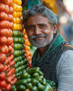 An old man standing in front of a pile of vegetables photo