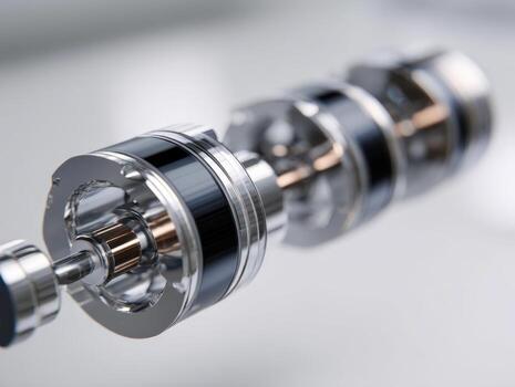 de cerca de un moderno mecánico componente exhibiendo precisión Ingenieria y pulcro metálico diseño, enfatizando técnico artesanía y industrial innovación foto