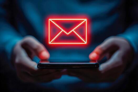Person holding smartphone with glowing red email icon hovering above device in dark environment symbolizing modern digital communication and messaging concepts photo