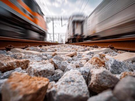Close-up view of railway gravel with fast-moving trains passing on parallel tracks creating dynamic motion blur under overcast sky at a low angle perspective photo