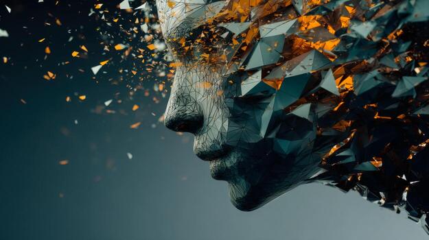 Abstract digital portrait of a human face dissolving into fragmented geometric shapes with glowing accents against a dark backdrop symbolizing transformation and technolo photo