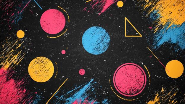 Abstract colorful geometric shapes on a black background with splatter and brushstroke effects photo