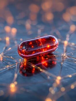 Close-up of a glowing red capsule surrounded by warm bokeh lights creating an abstract futuristic network concept with vibrant reflections on a dark surface photo