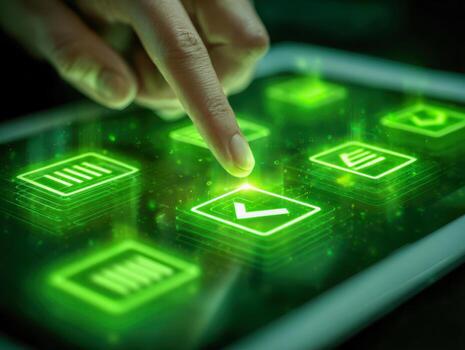 Interactive digital interface with glowing green icons on a touchscreen device, illustrating modern technology, data management, and innovative user control. photo