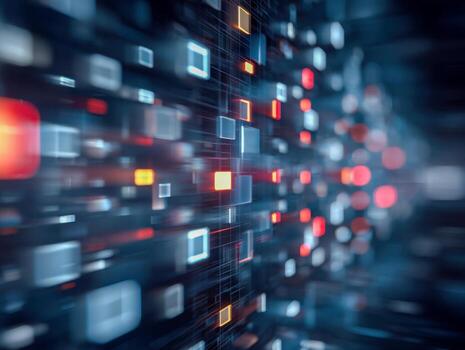 Abstract digital network with glowing neon squares representing futuristic data flow and information technology connectivity in a dark technological environment photo