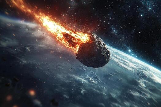Asteroid impact approaching Earth from space with fiery trail photo