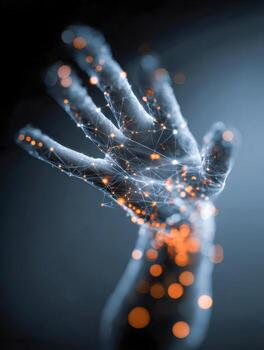 Futuristic digital hand with glowing neural network connections and bright nodes symbolizing advanced technology and artificial intelligence integration in dark space photo