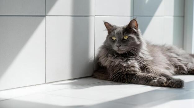 mullido gris de pelo largo gato con sorprendentes amarillo ojos descansando pacíficamente en blanco embaldosado piso con suave luz de sol fundición oscuridad desde ventana patrones foto