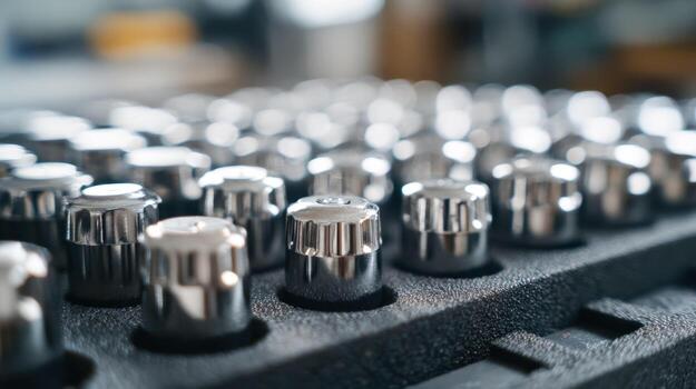 Close-up of metallic control knobs arranged on a textured surface with a blurred background photo