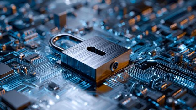 Digital security concept with lock on a circuit board representing cybersecurity and data protection photo
