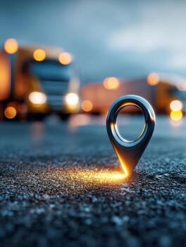 A glowing location marker symbol on wet asphalt with blurred trucks and lights in the background representing logistics and transportation navigation concepts at dusk photo