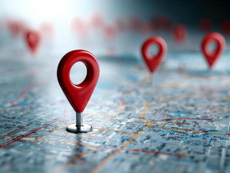 Red location markers placed on a detailed city map symbolizing navigation, geolocation, and targeted destination points in urban planning and travel contexts photo