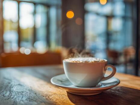 Steaming cup of frothy cappuccino on a wooden table in a cozy coffee shop with warm bokeh lights and blurred background creating a relaxing atmosphere photo