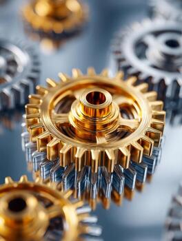 Shiny interlocking golden and silver gears working together on a metallic surface representing teamwork and mechanical precision in industry and technology photo