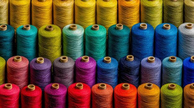 Colorful collection of sewing thread spools arranged in rows photo