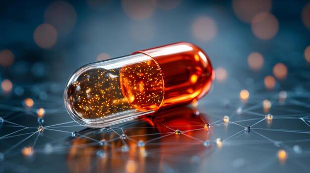 de cerca de un brillante naranja cápsula con espumoso partículas dentro descansando en un en red superficie representando avanzado tecnología y futurista cuidado de la salud innovación foto