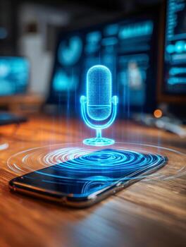 Futuristic holographic microphone projection emerging from a modern smartphone on a desk symbolizing advanced voice recognition technology and digital communication innov photo
