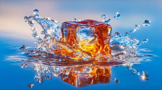 Melting ice cube creating dynamic splash in water photo