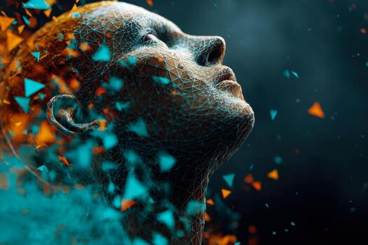 Artistic visualization of a human face constructed from geometric wireframe with vibrant blue and orange triangles floating dynamically around in a dark space photo