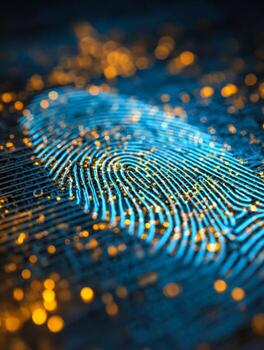Illuminated digital fingerprint with glowing data points and intricate patterns photo