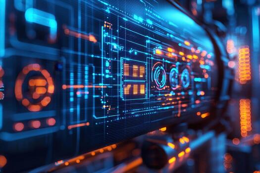 Futuristic digital interface with glowing data graphics and technical elements photo