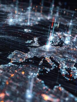 Digital map of Europe with glowing network connections and data points photo