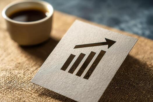 A small paper card with a graph symbol and upward arrow standing on textured fabric beside a cup of coffee blurred in the background representing growth and success conce photo