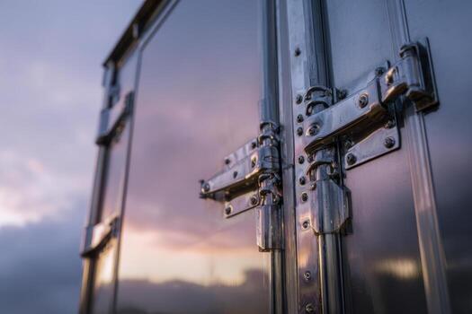 Reflective metal latch locks on commercial cargo container with soft evening sky and clouds reflected on its shiny surface in industrial setting photo