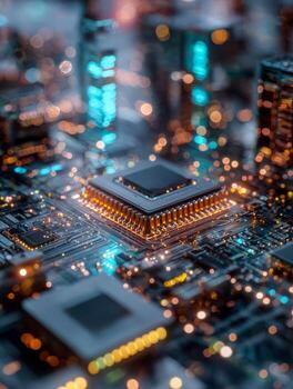 Close-up of a futuristic computer chip on a circuit board with illuminated cityscape background photo
