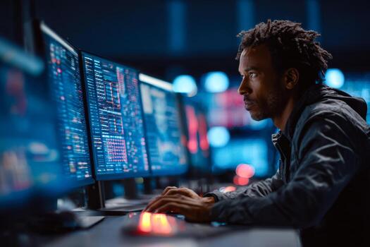 Cybersecurity analyst working at multiple computer screens in a dimly lit high-tech environment photo
