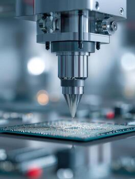 Precision robotic microfabrication process featuring advanced automated machinery working on circuit board component assembly in a high-tech laboratory environment photo