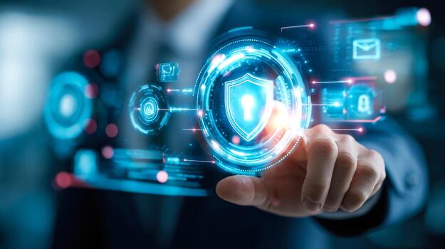 Digital security concept with futuristic encryption interface and shield icon in a high-tech environment photo