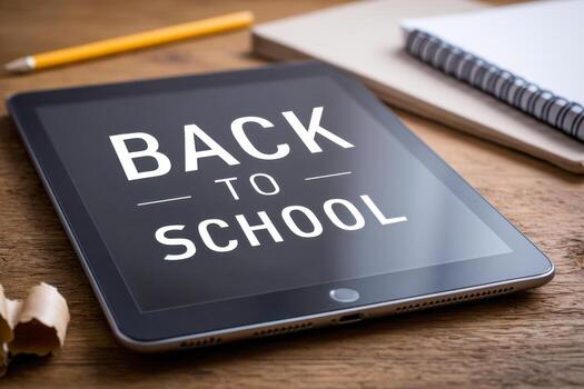 Digital tablet displaying back to school message with pencil and notebook on wooden desk symbolizing modern education and study preparation photo