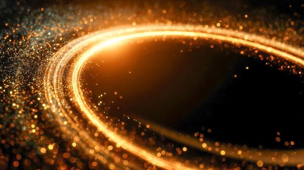 Abstract glowing golden particles forming a circular ring with sparkling bokeh lights on a dark background symbolizing energy and motion effects photo