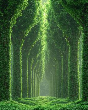 Lush green tree-lined pathway through a serene forest walkway photo